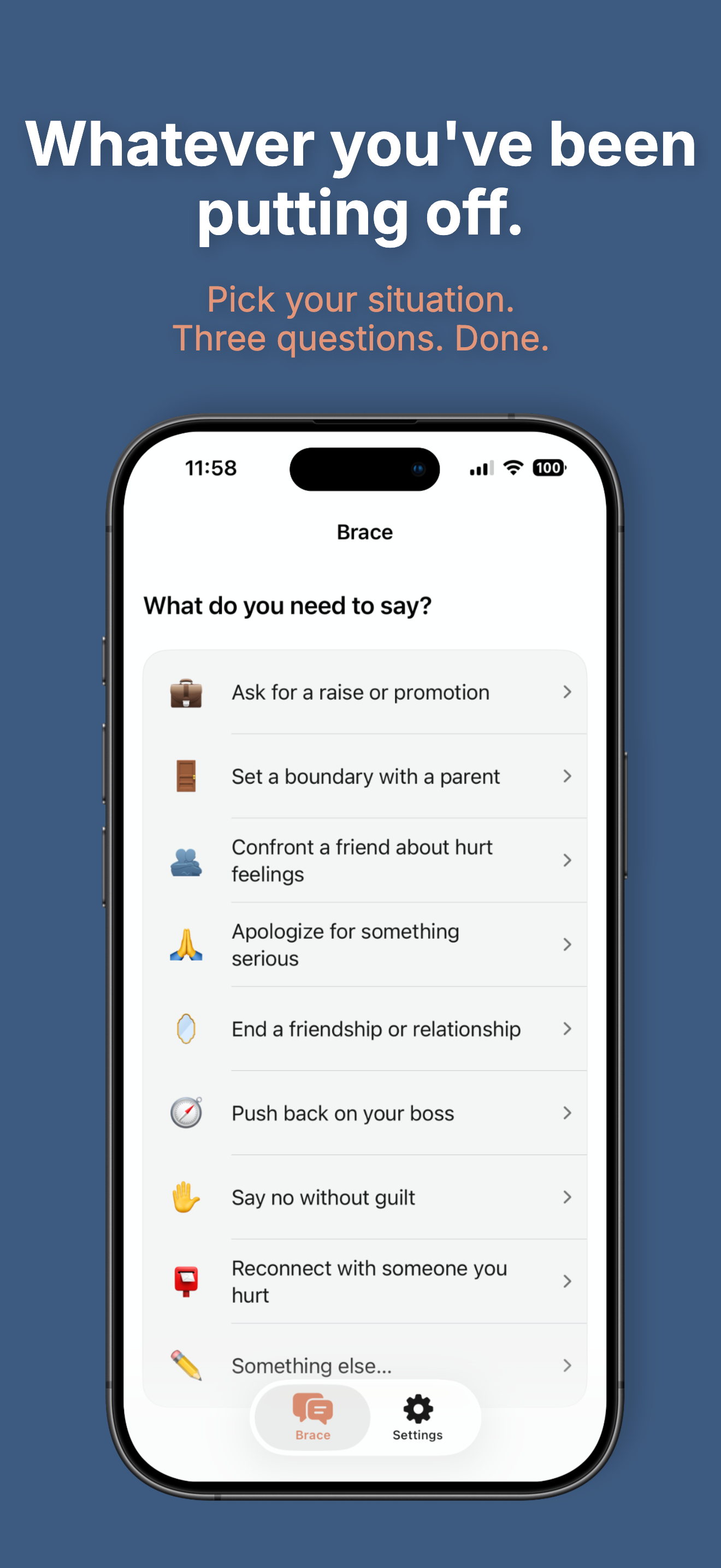 Brace situation picker — choose from 9 difficult conversation types